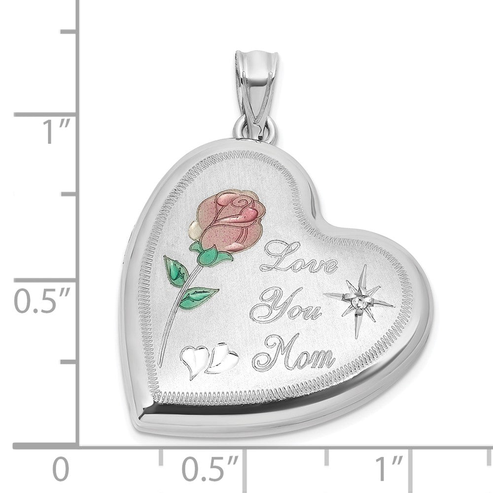 SS RH-pl Brushed Diamond And Enameled Rose MOM 24mm Heart Locket