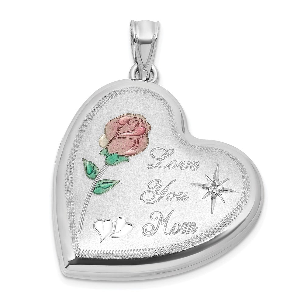 SS RH-pl Brushed Diamond And Enameled Rose MOM 24mm Heart Locket