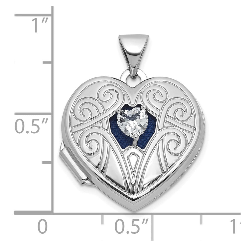 Sterling Silver RH-plated White Topaz April Birthstone 18mm Heart Locket