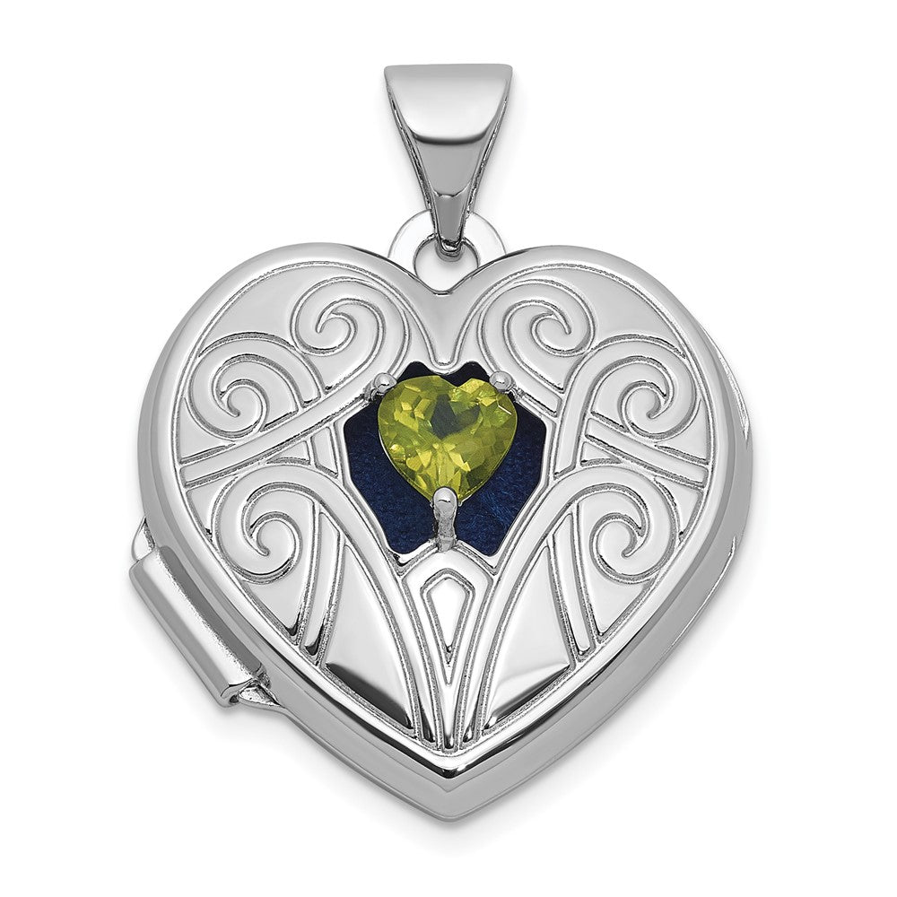 Sterling Silver RH-plated Peridot August Birthstone 18mm Heart Locket