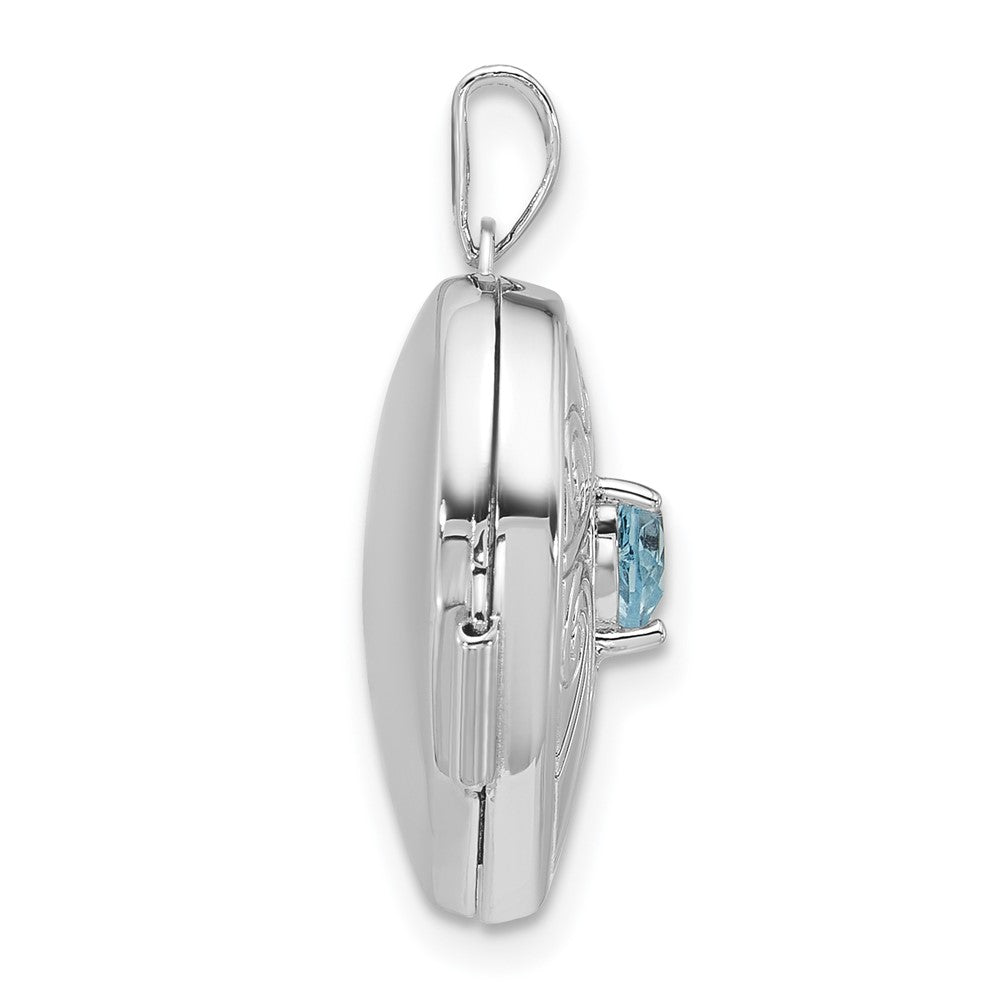 Sterling Silver RH-plated Blue Topaz December Birthstone 18mm Heart Locket