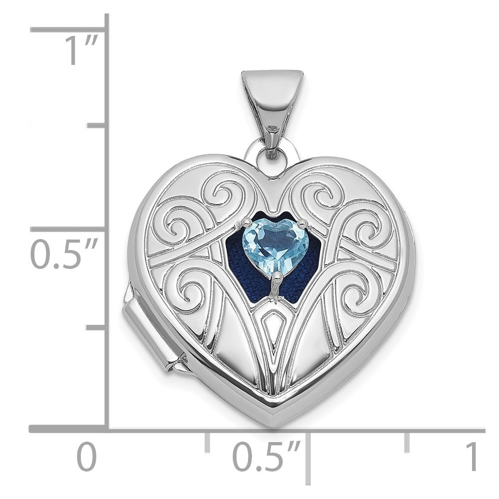 Sterling Silver RH-plated Blue Topaz December Birthstone 18mm Heart Locket