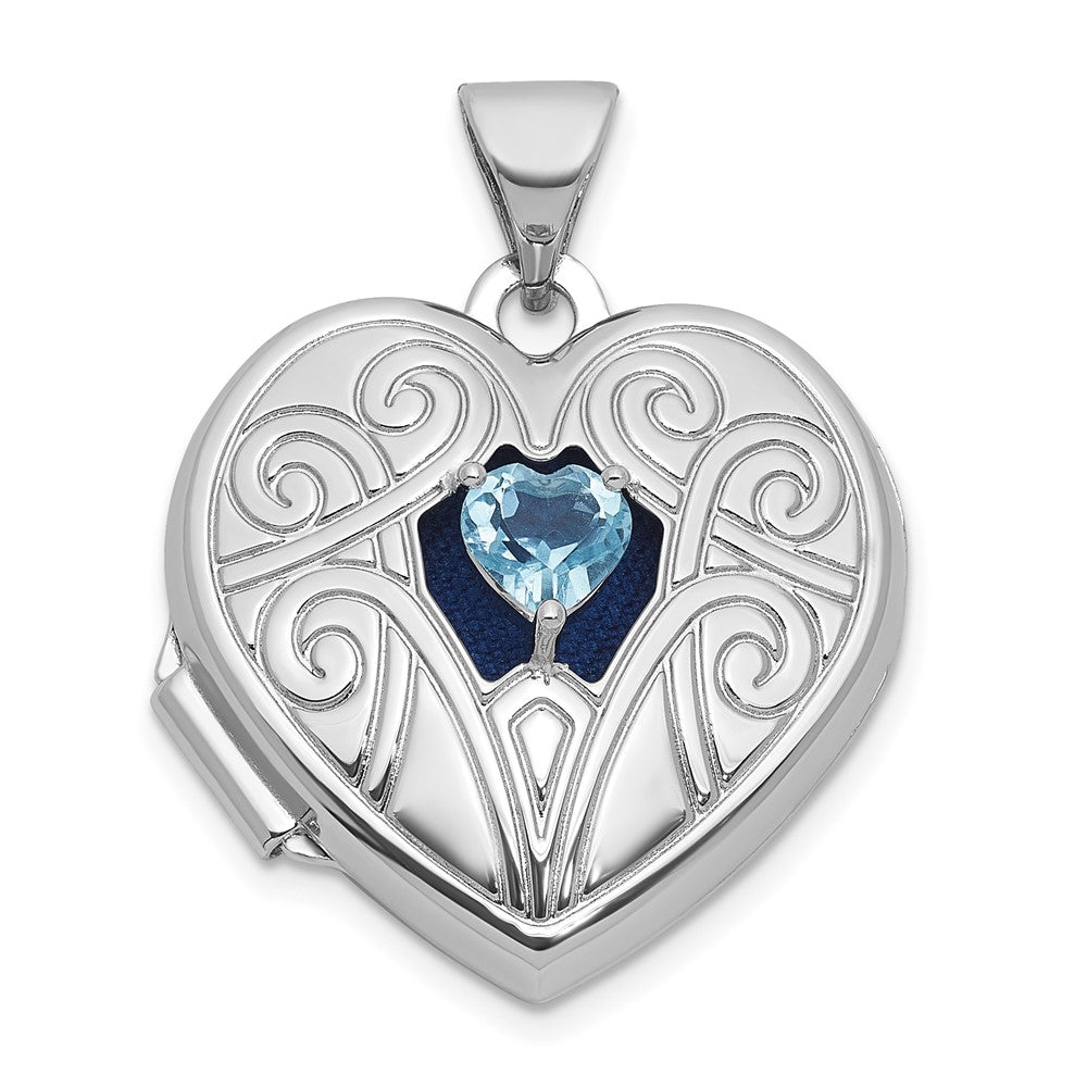 Sterling Silver RH-plated Blue Topaz December Birthstone 18mm Heart Locket