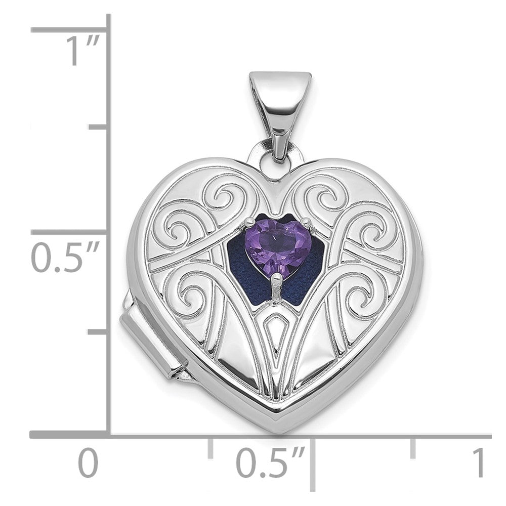 Sterling Silver RH-plated Amethyst February Birthstone 18mm Heart Locket