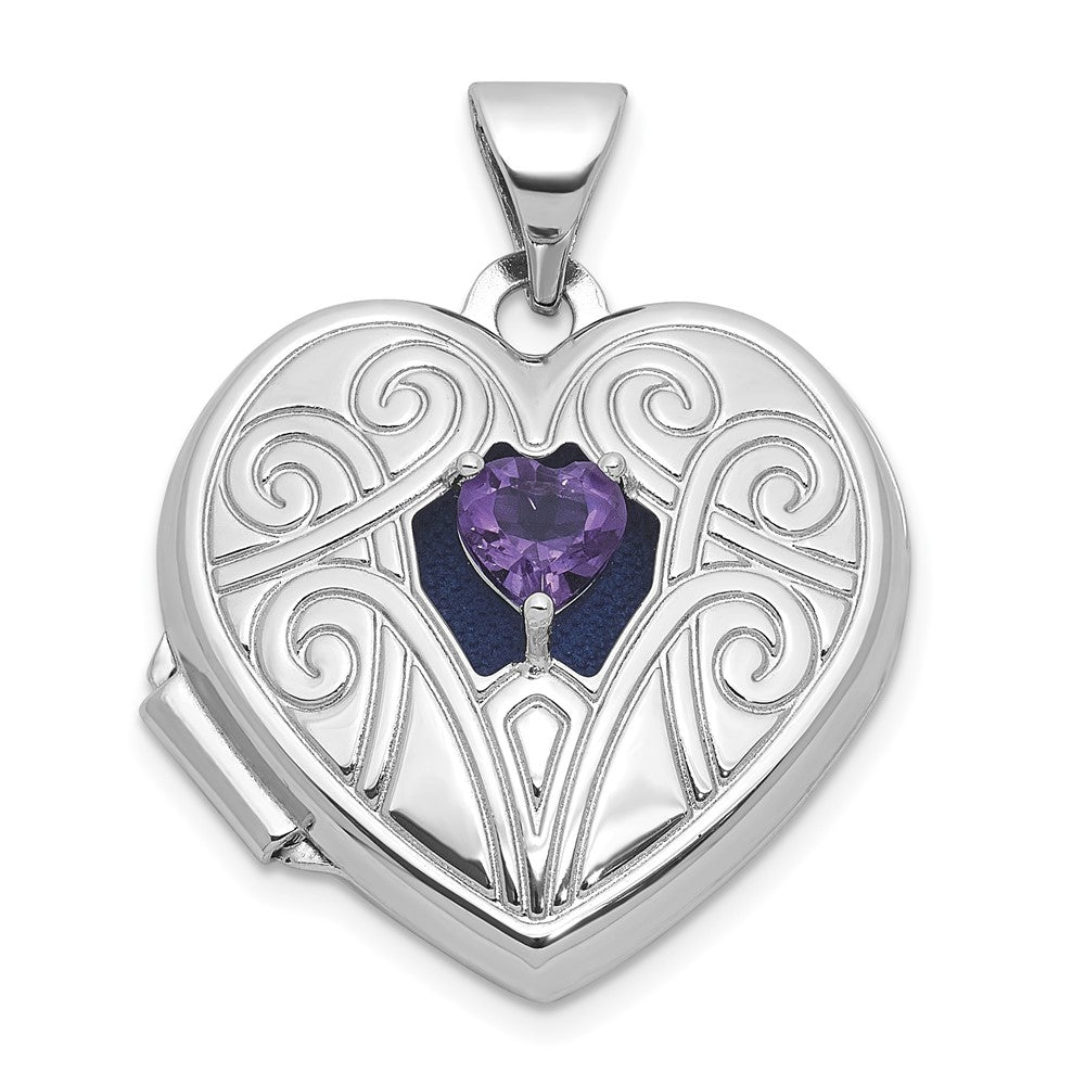 Sterling Silver RH-plated Amethyst February Birthstone 18mm Heart Locket