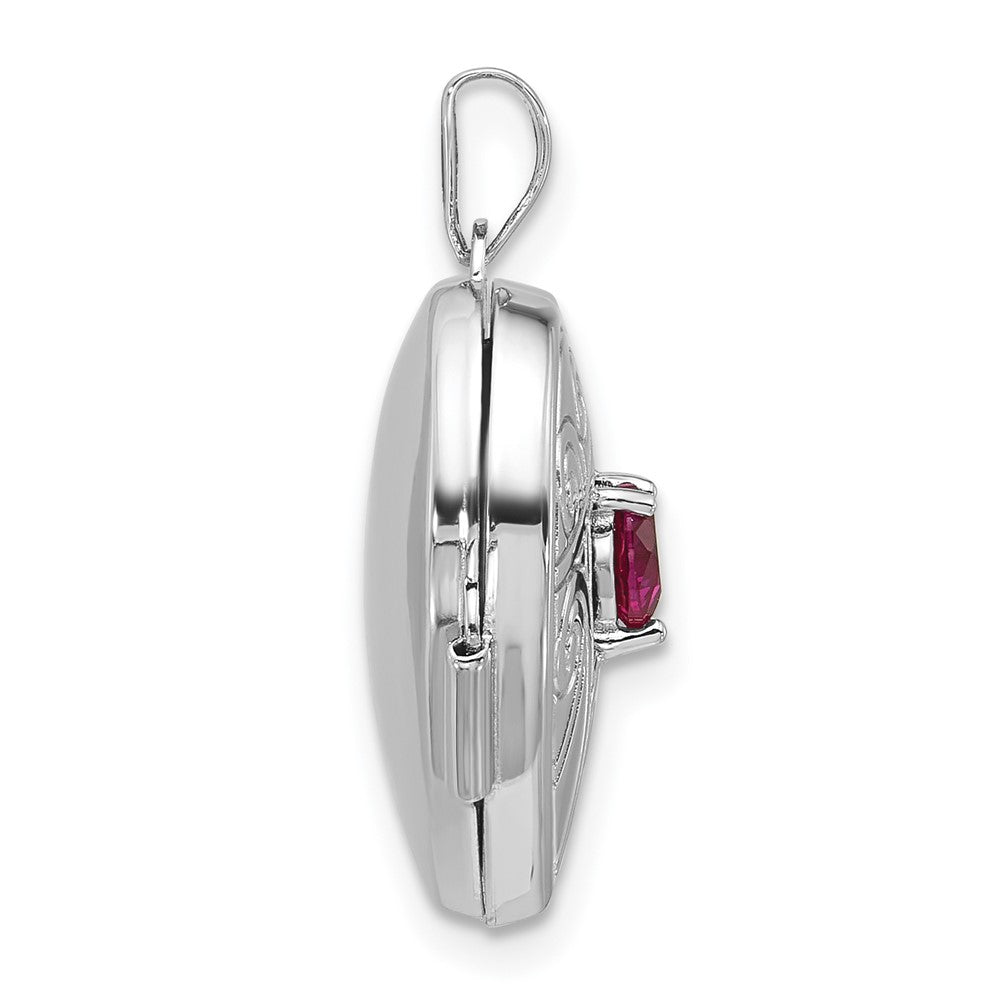 Sterling Silver RH-plat Lab Created Ruby July Birthstone 18mm Heart Locket