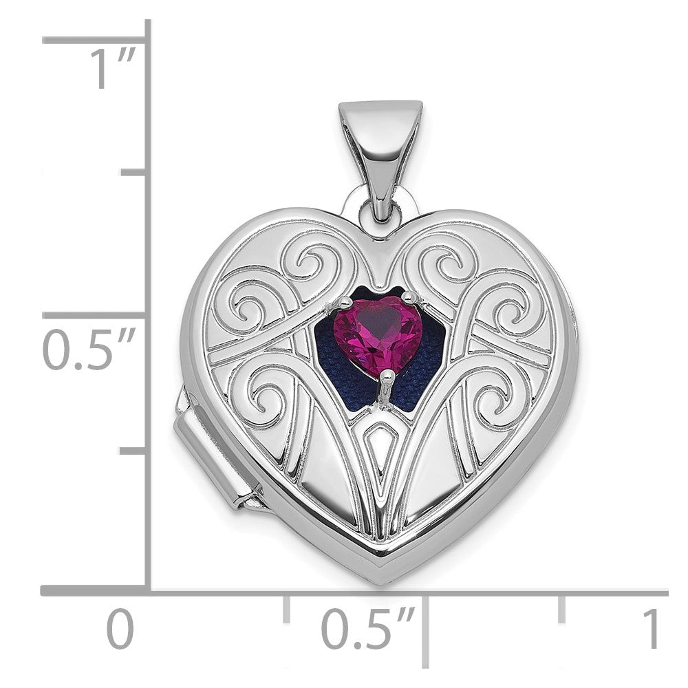 Sterling Silver RH-plat Lab Created Ruby July Birthstone 18mm Heart Locket