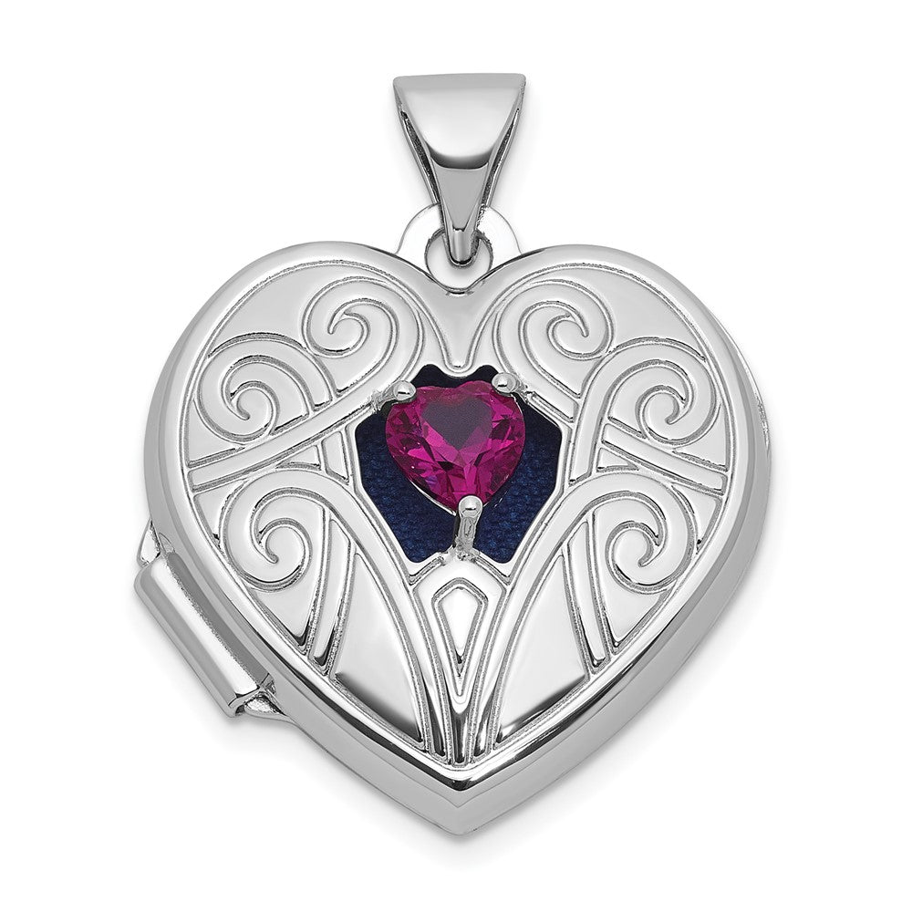 Sterling Silver RH-plat Lab Created Ruby July Birthstone 18mm Heart Locket