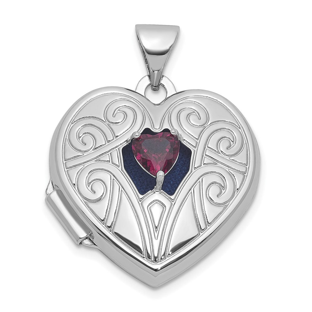 Sterling Silver RH-plat Rhodolite Garnet June Birthstone 18mm Heart Locket