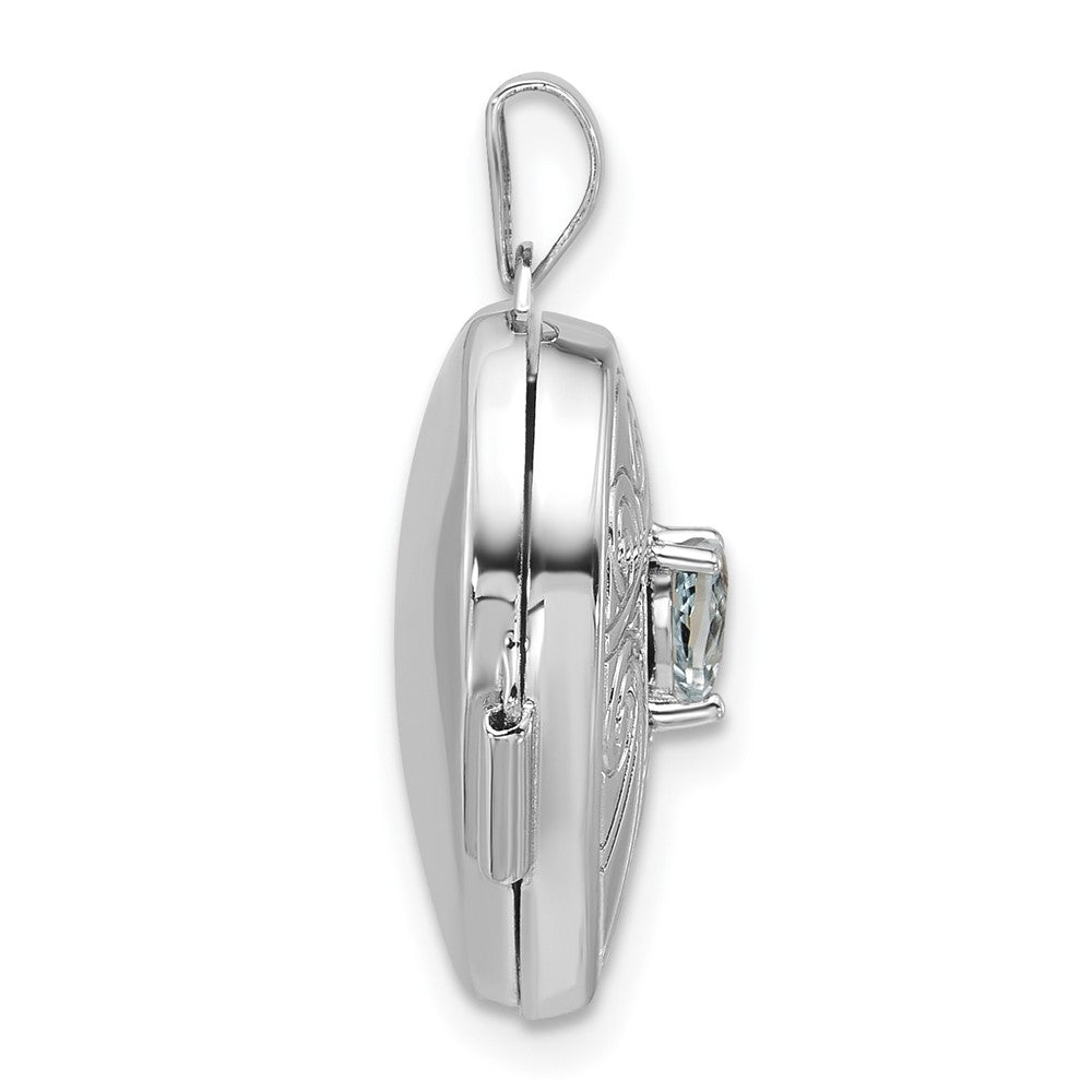 Sterling Silver RH-plated Aquamarine March Birthstone 18mm Heart Locket