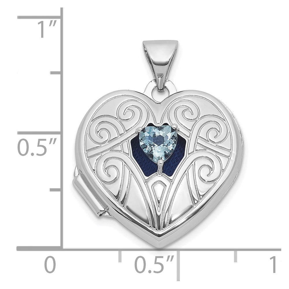Sterling Silver RH-plated Aquamarine March Birthstone 18mm Heart Locket