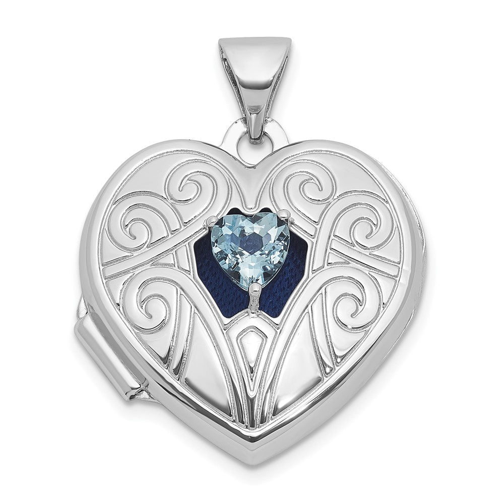 Sterling Silver RH-plated Aquamarine March Birthstone 18mm Heart Locket