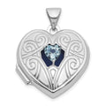 Sterling Silver RH-plated Aquamarine March Birthstone 18mm Heart Locket