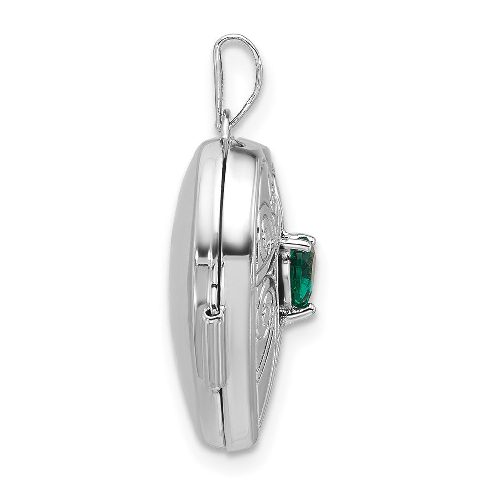 SS RH-plated Lab Created Emerald May Birthstone 18mm Heart Locket