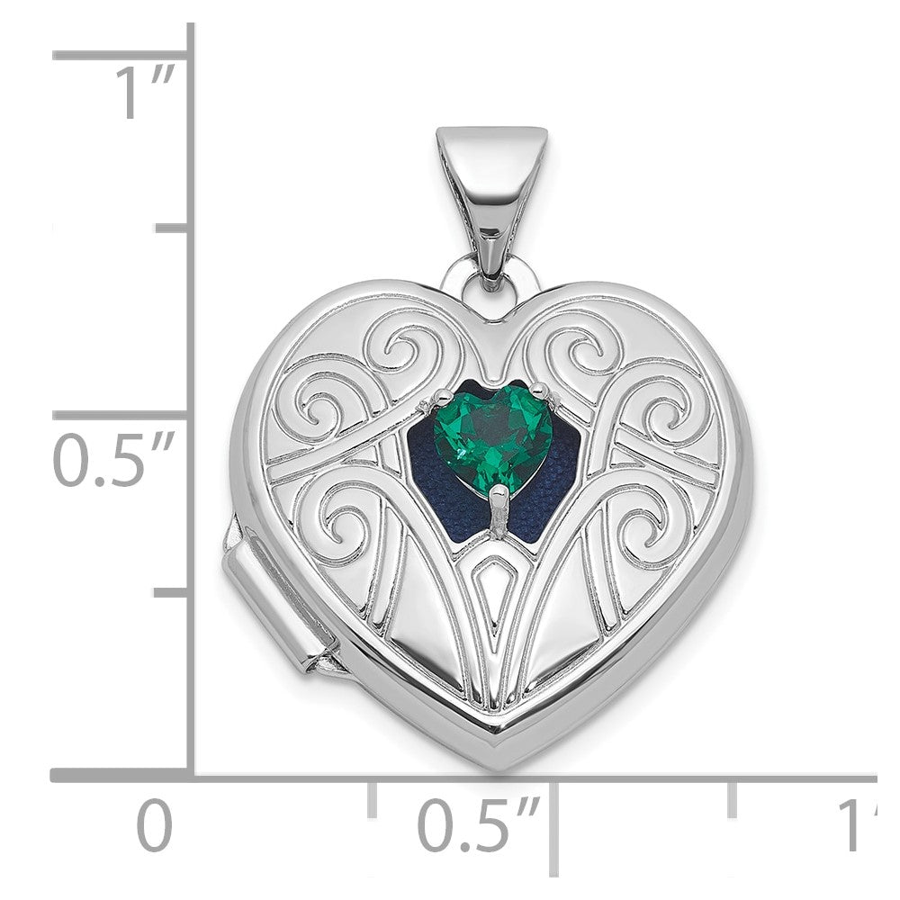SS RH-plated Lab Created Emerald May Birthstone 18mm Heart Locket