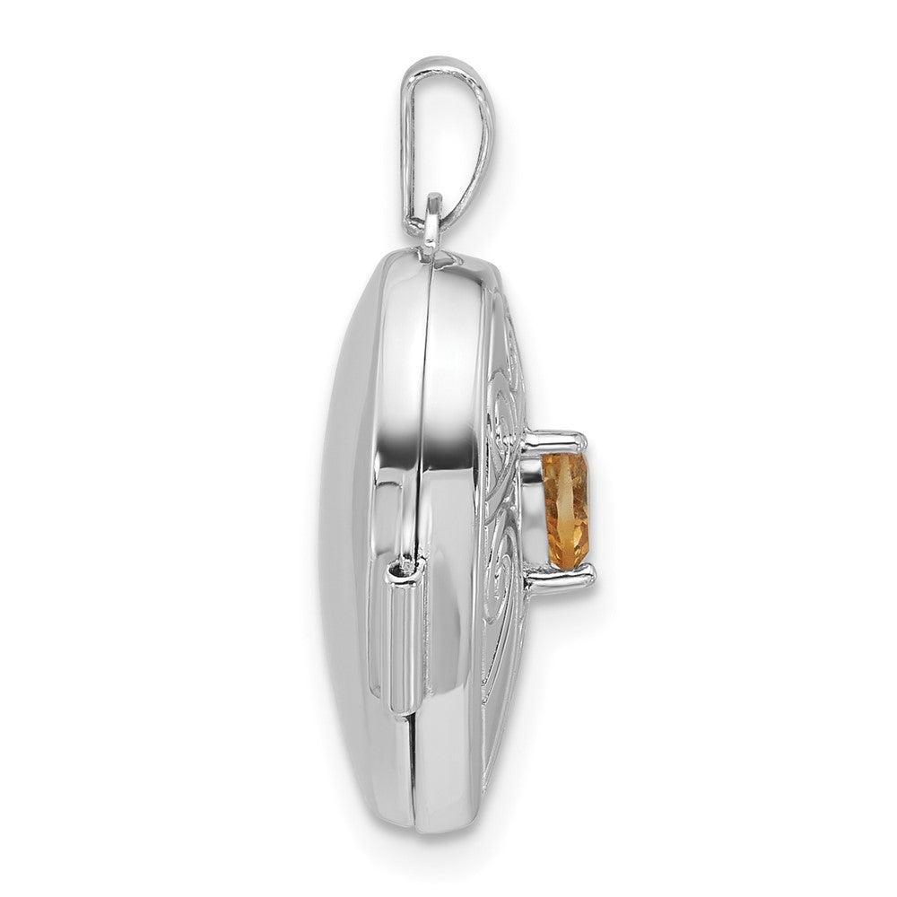 Sterling Silver RH-plated Citrine November Birthstone Heart 18mm Locket