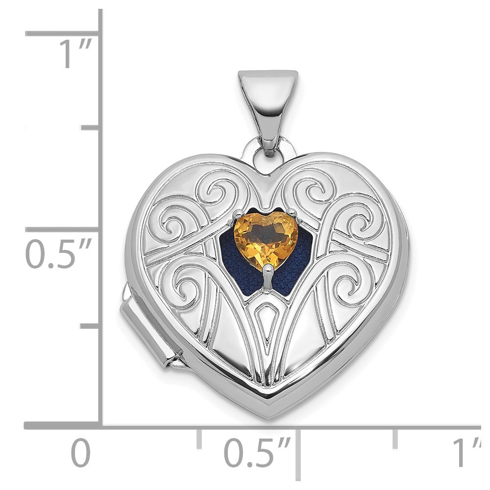 Sterling Silver RH-plated Citrine November Birthstone Heart 18mm Locket