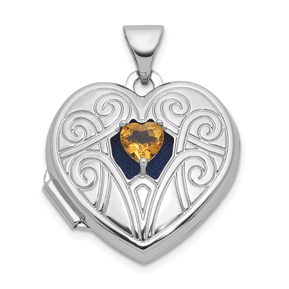 Sterling Silver RH-plated Citrine November Birthstone Heart 18mm Locket