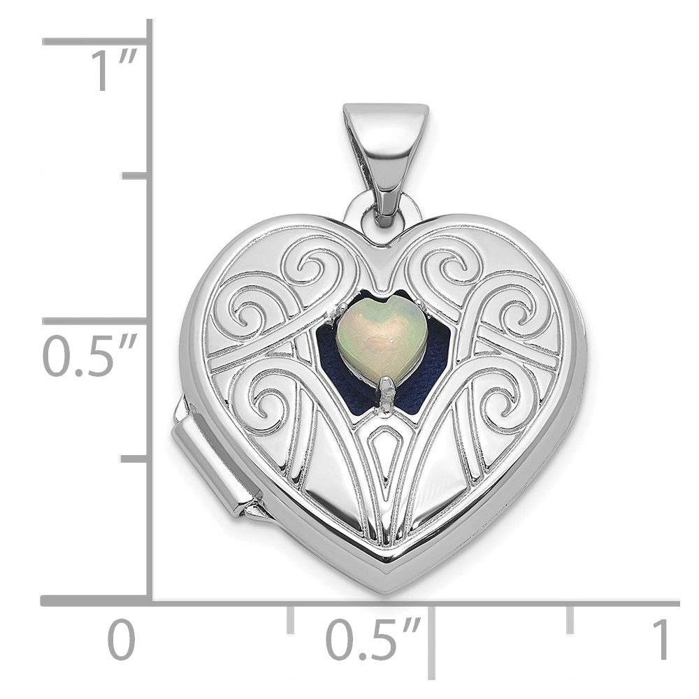 Sterling Silver RH-plated Opal October Birthstone 18mm Heart Locket
