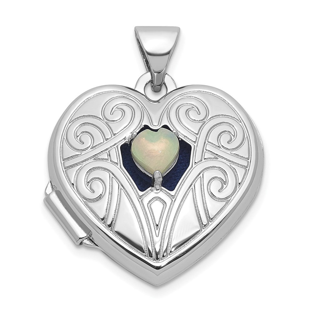 Sterling Silver RH-plated Opal October Birthstone 18mm Heart Locket