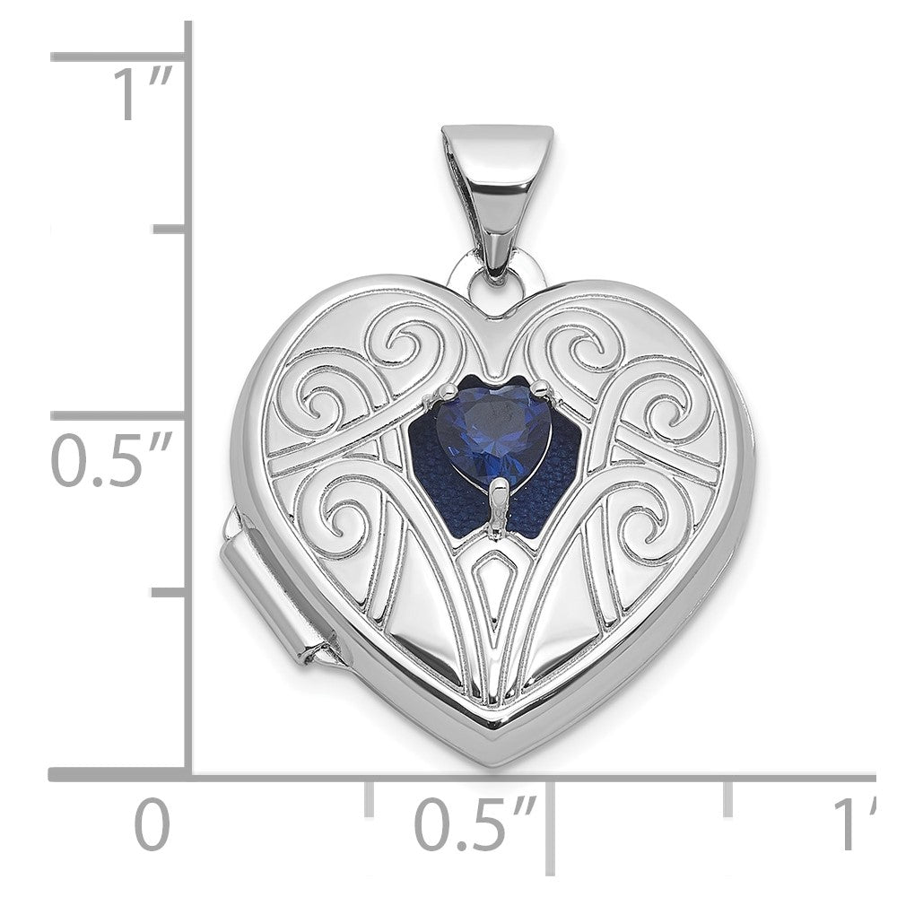 SS RH-plated Lab Cr. Sapphire September Birthstone 18mm Heart Locket