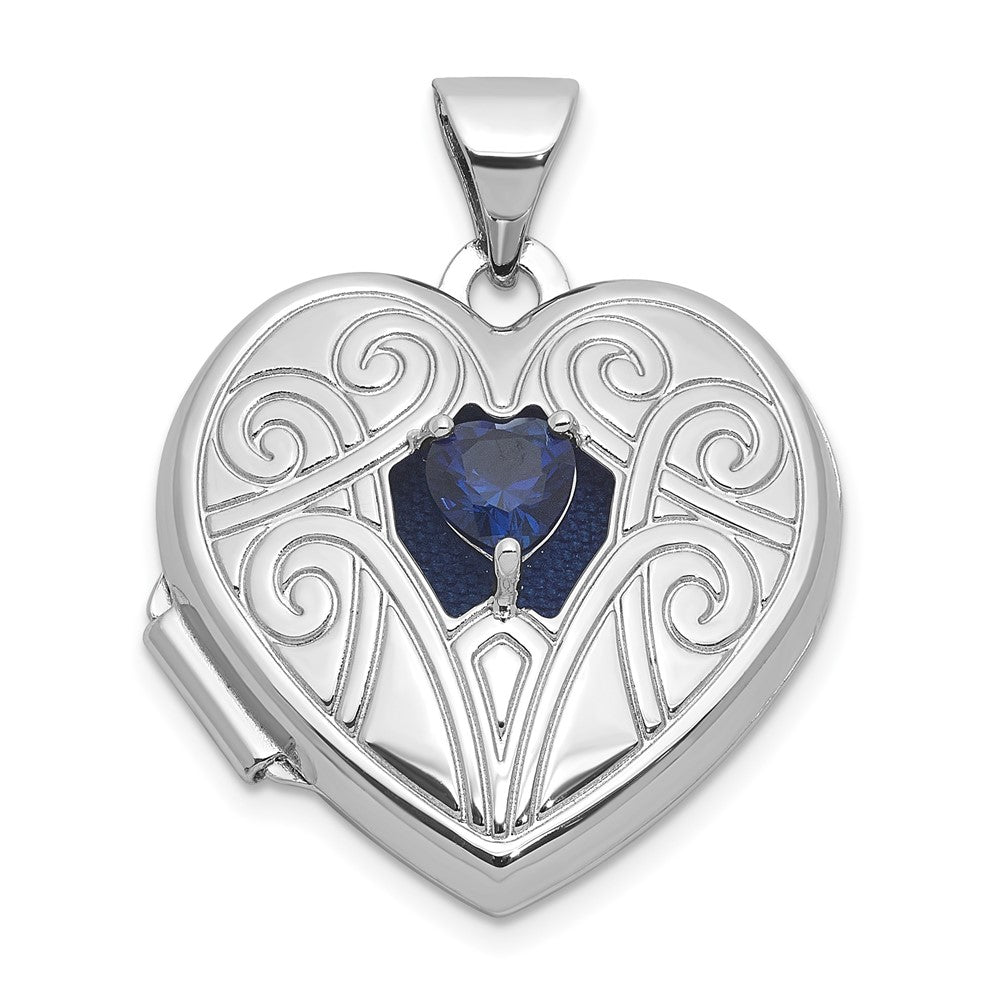 SS RH-plated Lab Cr. Sapphire September Birthstone 18mm Heart Locket