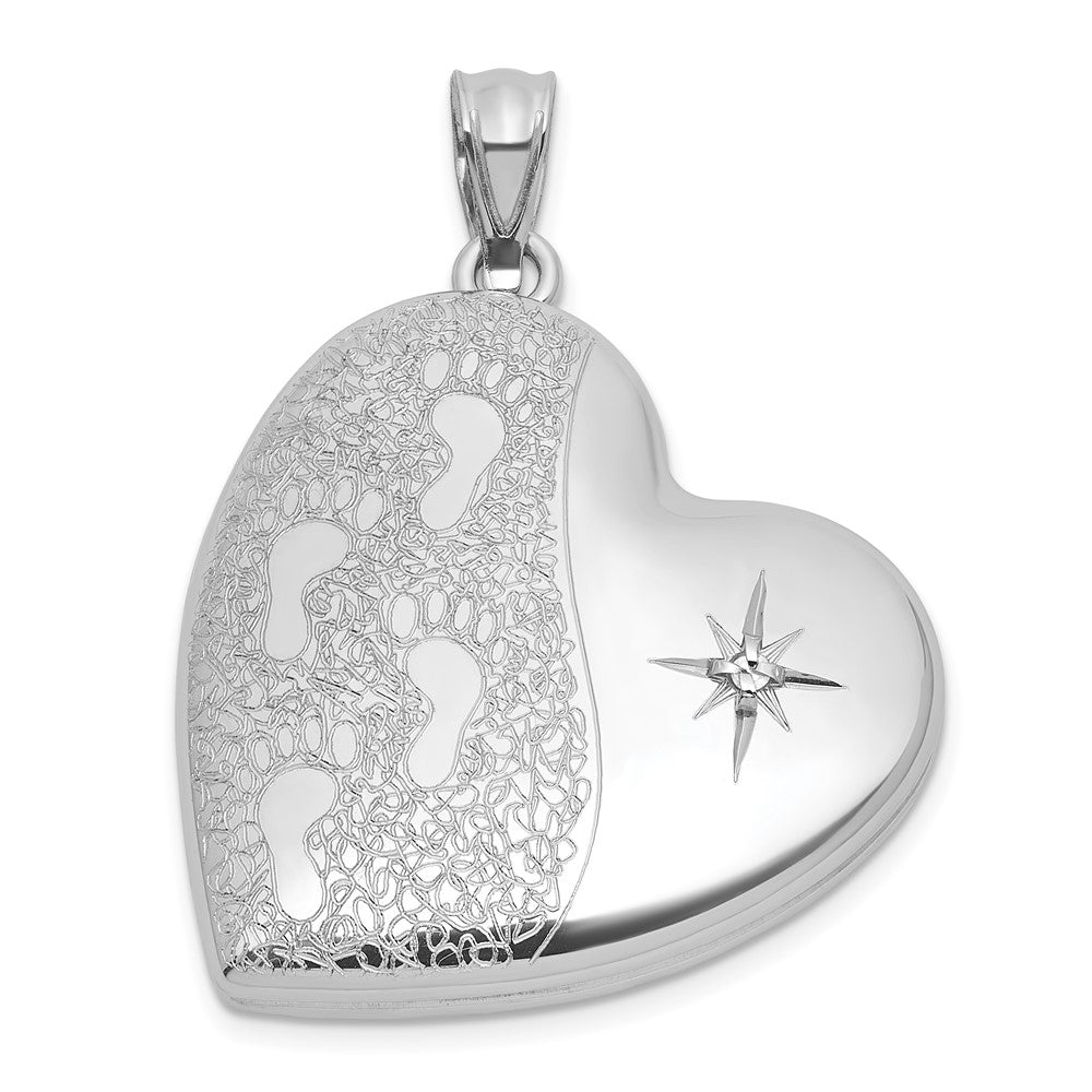 SS RH-pl Brushed And Polished Diamond Foot Prints 24mm Heart Locket
