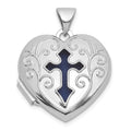 Sterling Silver Rhodium-plated Blue Fabric Open Cross 18mm Heart Locket
