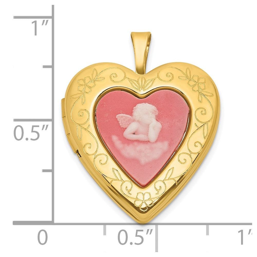 SS Gold-plated Brushed / Polished Pink Angel Resin Cameo 20mm Heart Locket