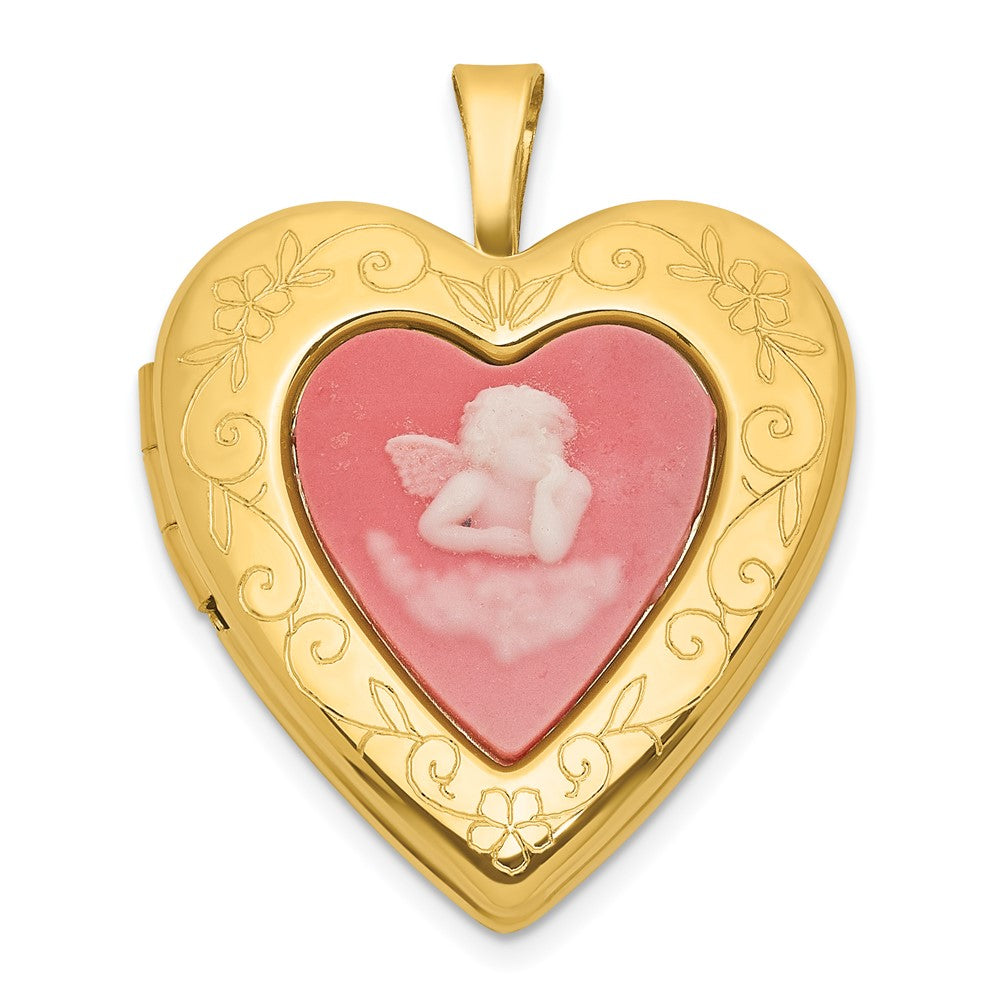 SS Gold-plated Brushed / Polished Pink Angel Resin Cameo 20mm Heart Locket