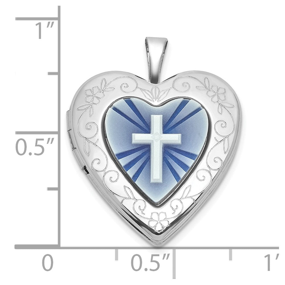 SS RH-pl Brushed And Polished Blue Cross Resin Cameo 20mm Heart Locket