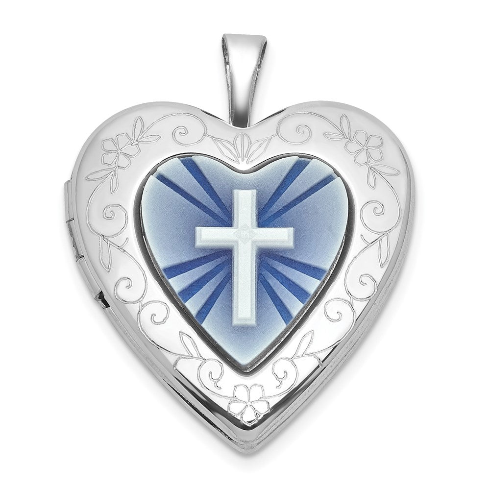SS RH-pl Brushed And Polished Blue Cross Resin Cameo 20mm Heart Locket