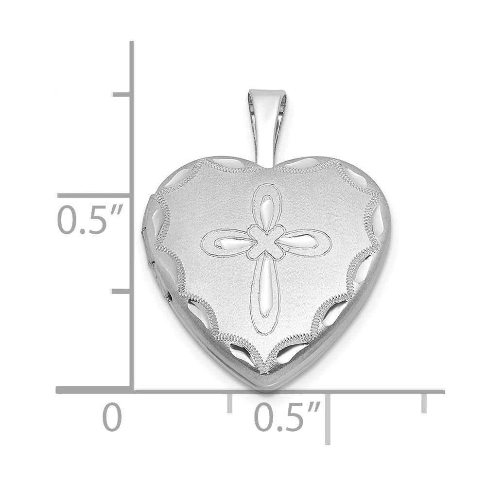 Sterling Silver RH-pl Brushed Fancy Cross 16mm Heart Locket