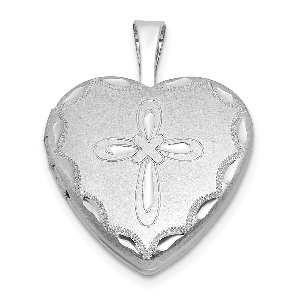 Sterling Silver RH-pl Brushed Fancy Cross 16mm Heart Locket