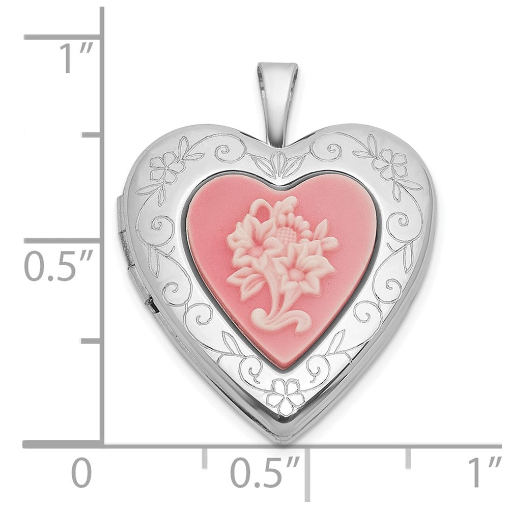 SS RH-pl Brushed And Polished Pink Flowers Resin Cameo 20mm Heart Locket
