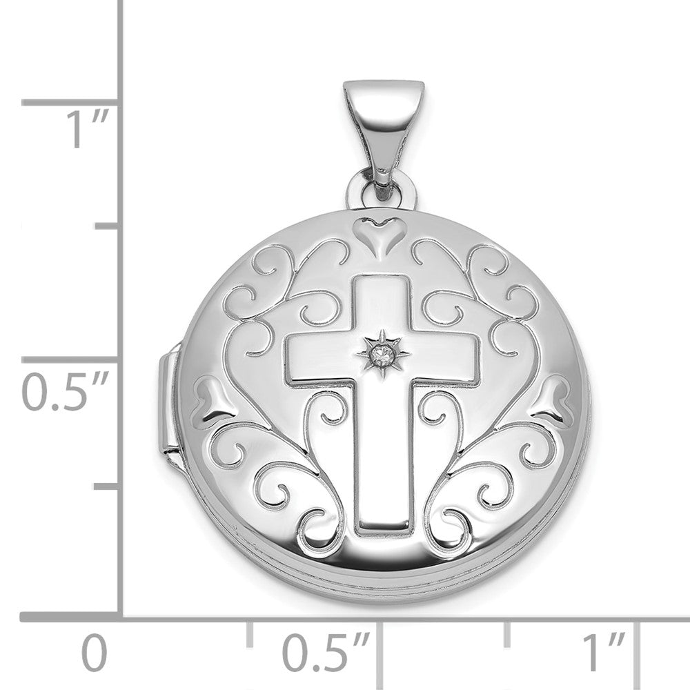 Sterling Silver Rhodium-plated Diamond Cross and Heart 20mm Round Locket