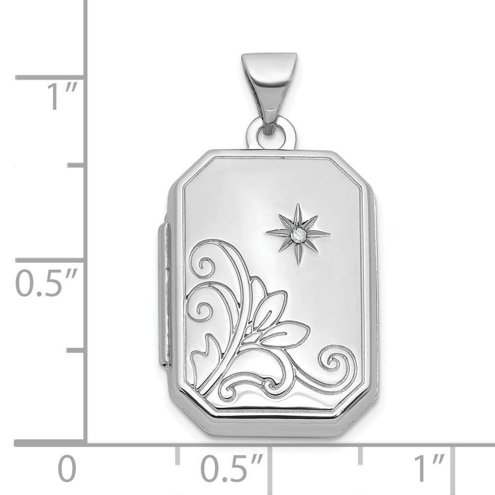 Sterling Silver RH-plated Diamond Flower And Star 20mm Rectangle Locket