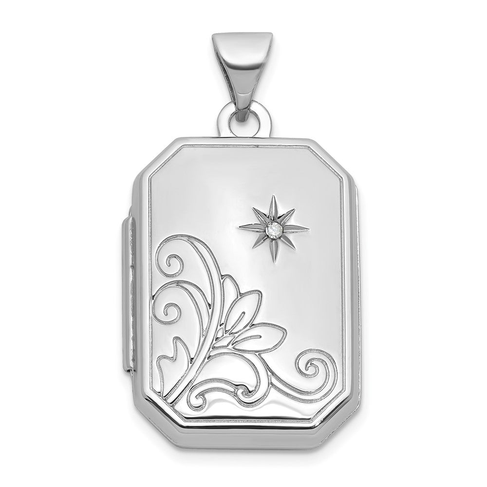 Sterling Silver RH-plated Diamond Flower And Star 20mm Rectangle Locket