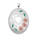 Sterling Silver Rhod-plated Satin Enamel & D/C Floral & Heart Oval Locket