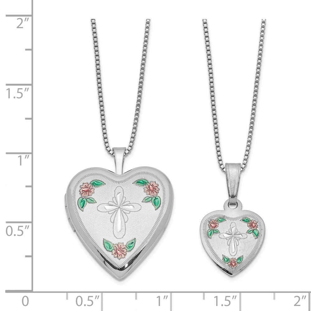 SS Rhod-plated Cross/Flowers Enamel Heart Locket & Pendant Necklace Set