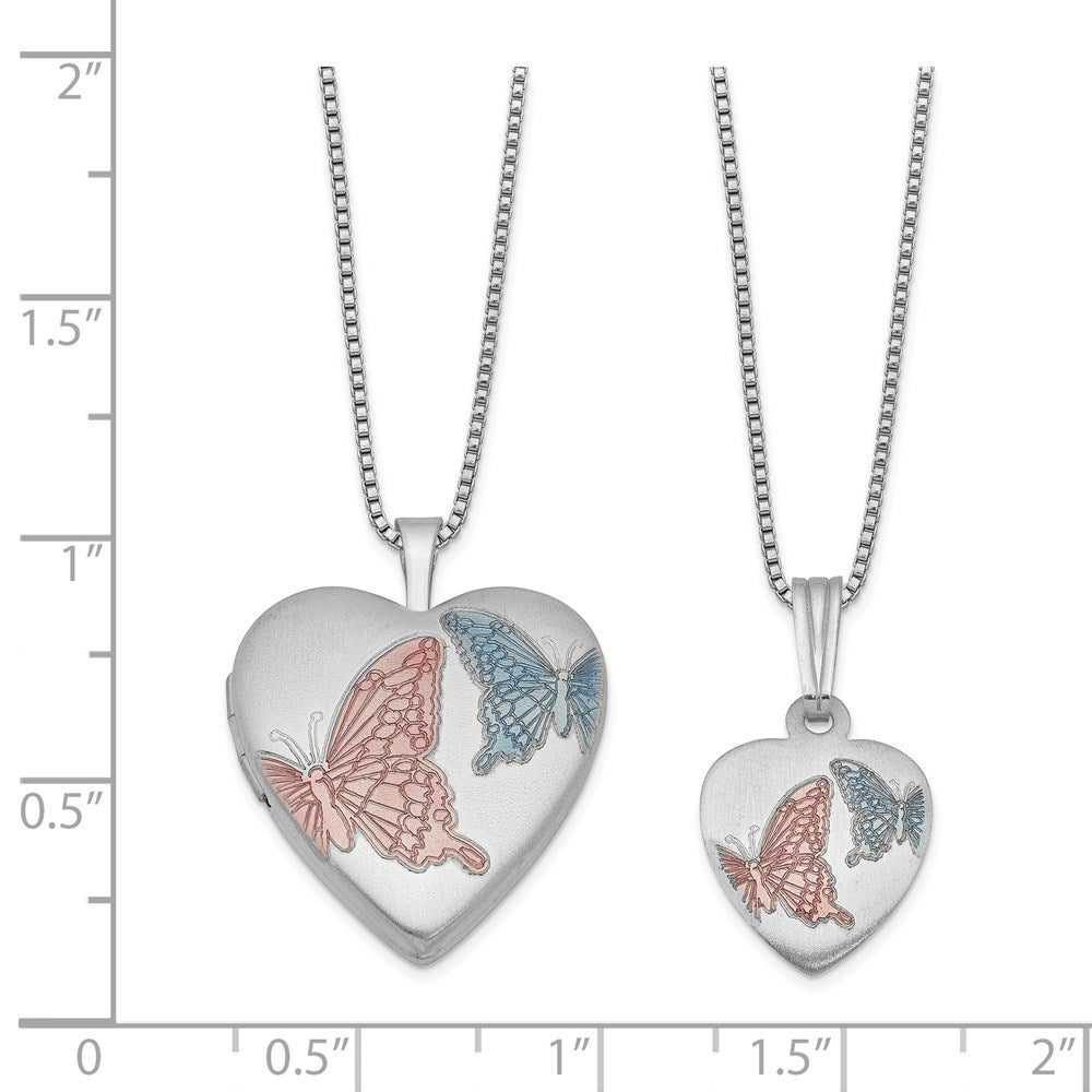 Sterling Silver RH-plated Enamel Butterflies Heart Locket & Pendant Set