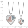 Sterling Silver RH-plated Enamel Butterflies Heart Locket & Pendant Set