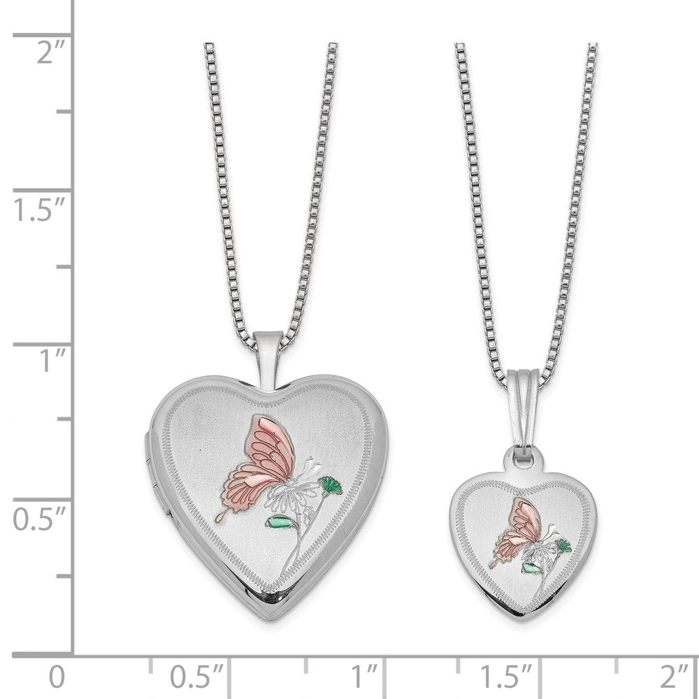 Sterling Silver RH-plated Pol/Satin Enamel Butterfly Heart Locket & Pendant