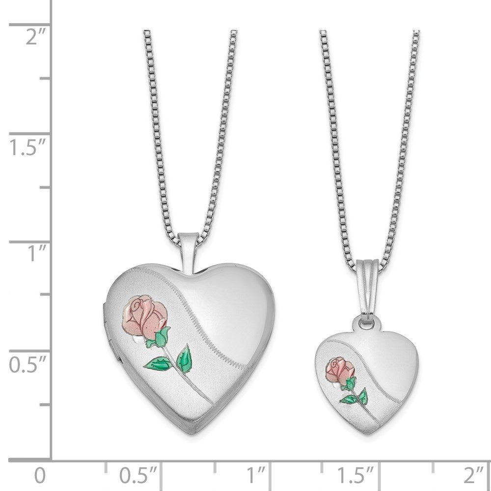 Sterling Silver Rhod-plated Polished & Satin Rose Heart Locket & Pendant