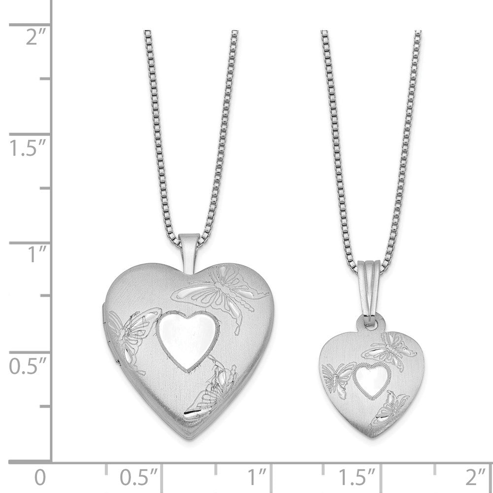 SS Rhod-plated Polished & Satin Butterfly Heart Locket/Pendant Necklace Set