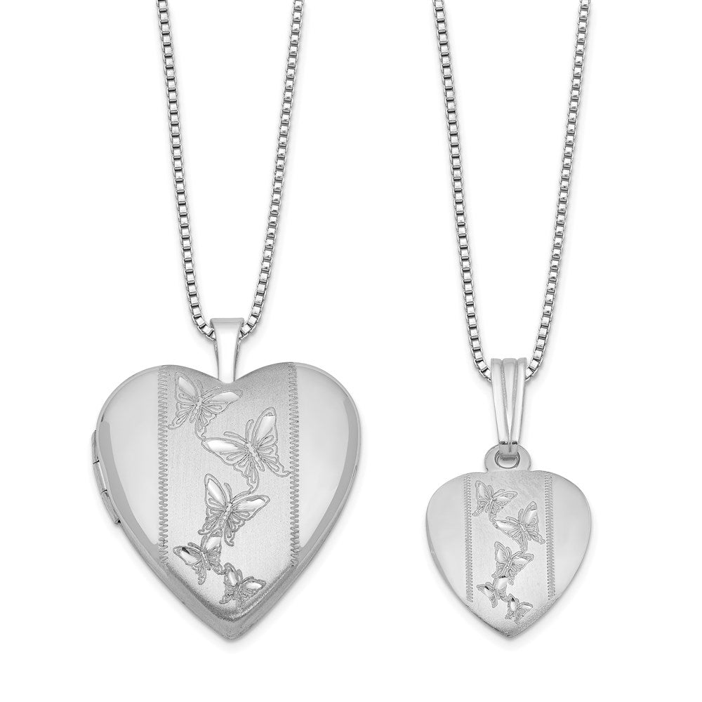 Sterling Silver RH-plated Pol/Satin Butterfly Heart Locket & Pendant Set