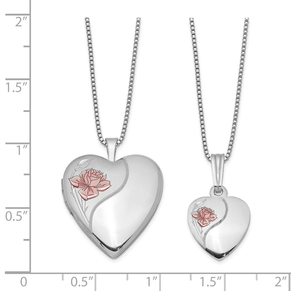 Sterling Silver RH-plated Pol & Satin Rose Heart Locket & Pendant Set