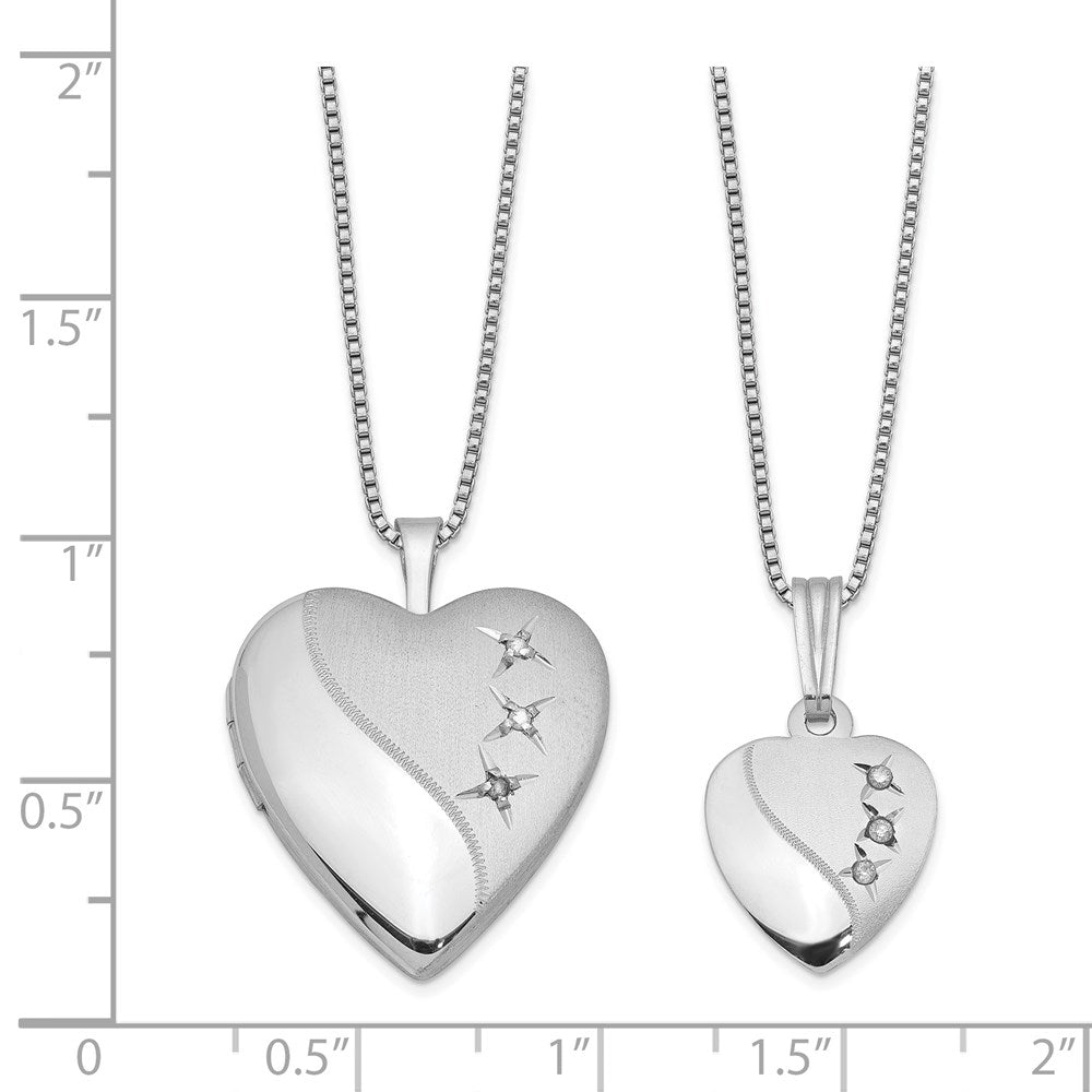 Sterling Silver Rhodium-plated Diamond Pol/Satin Heart Locket & Pendant Set