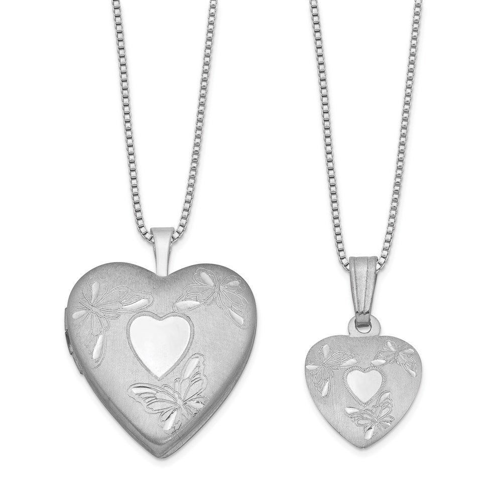 Sterling Silver RH-plated Pol/Satin Butterfly Heart Locket & Pendant Set