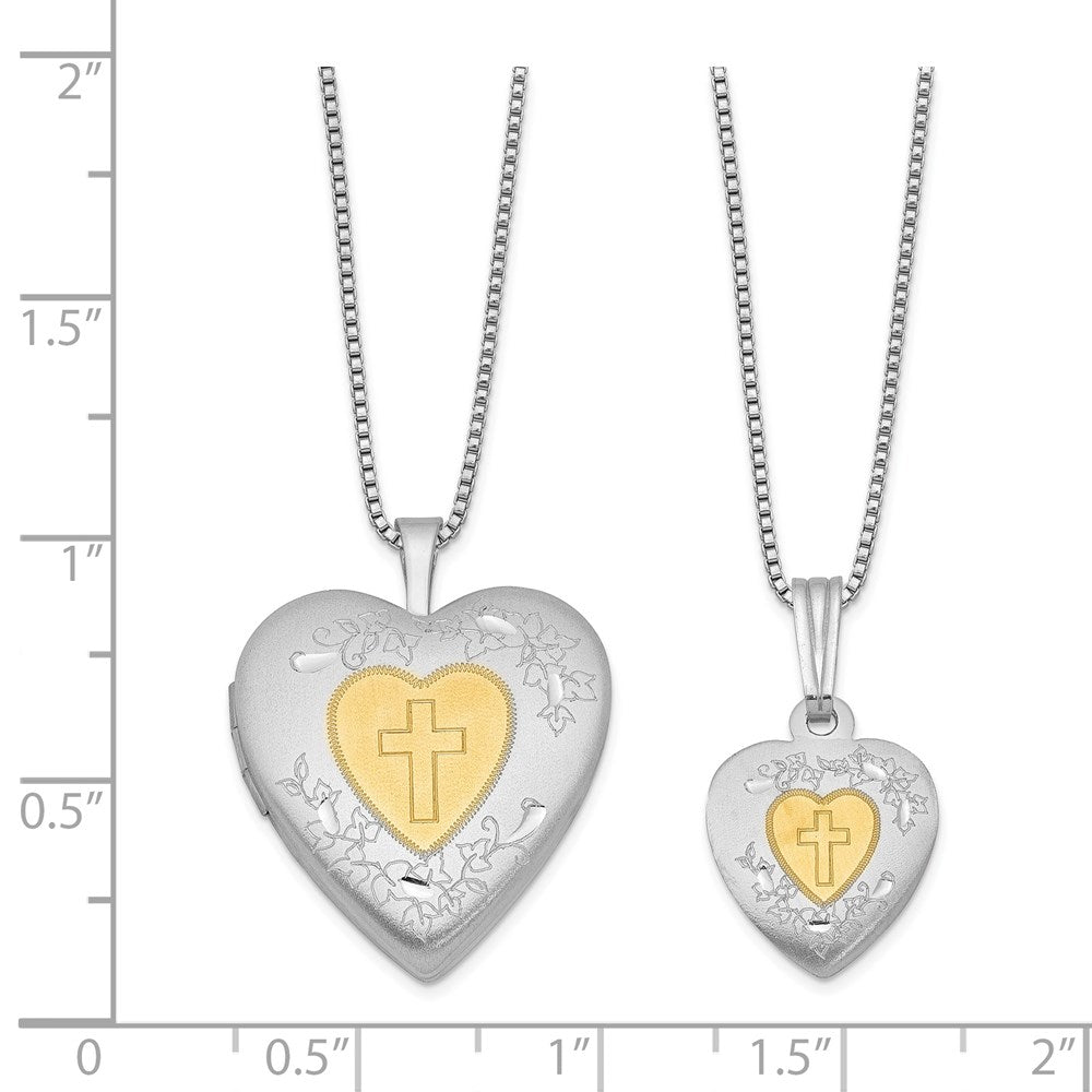 Sterling Silver RH-plated Gold-plated Satin Cross Heart Locket/Pendant Set